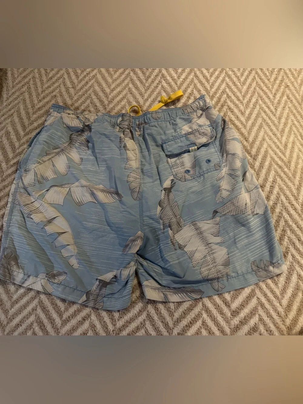 Tommy Bahama Light Blue Tropical Leaf Swim Trunks with Yellow Drawstring